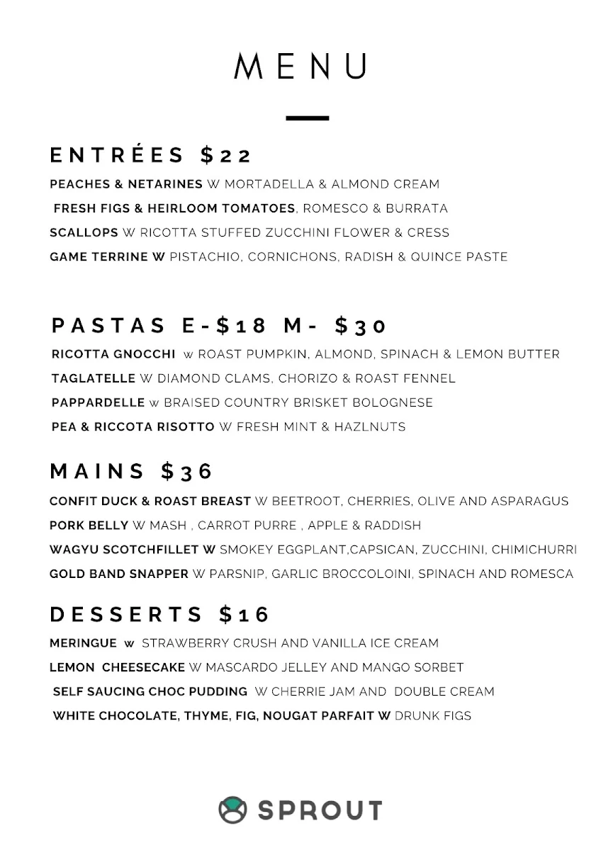 Menu, Sprout Dining