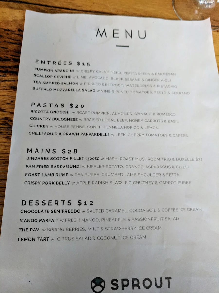 Menu, Sprout Dining