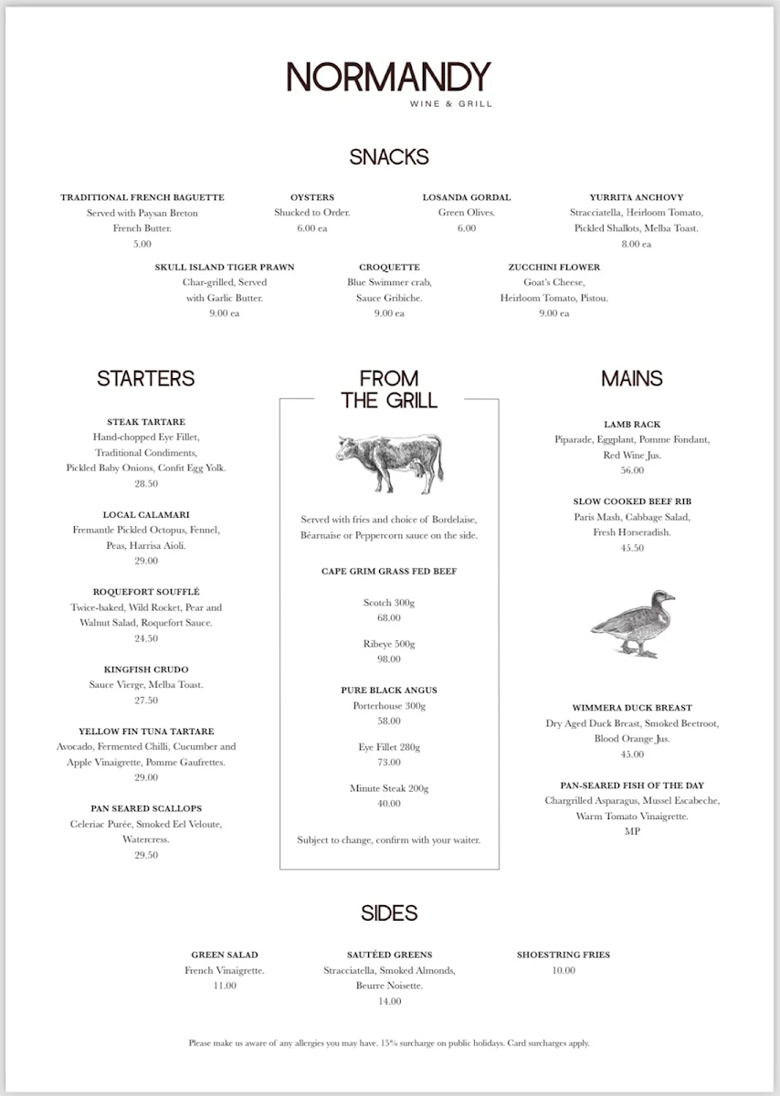 Menu, Normandy Wine & Grill
