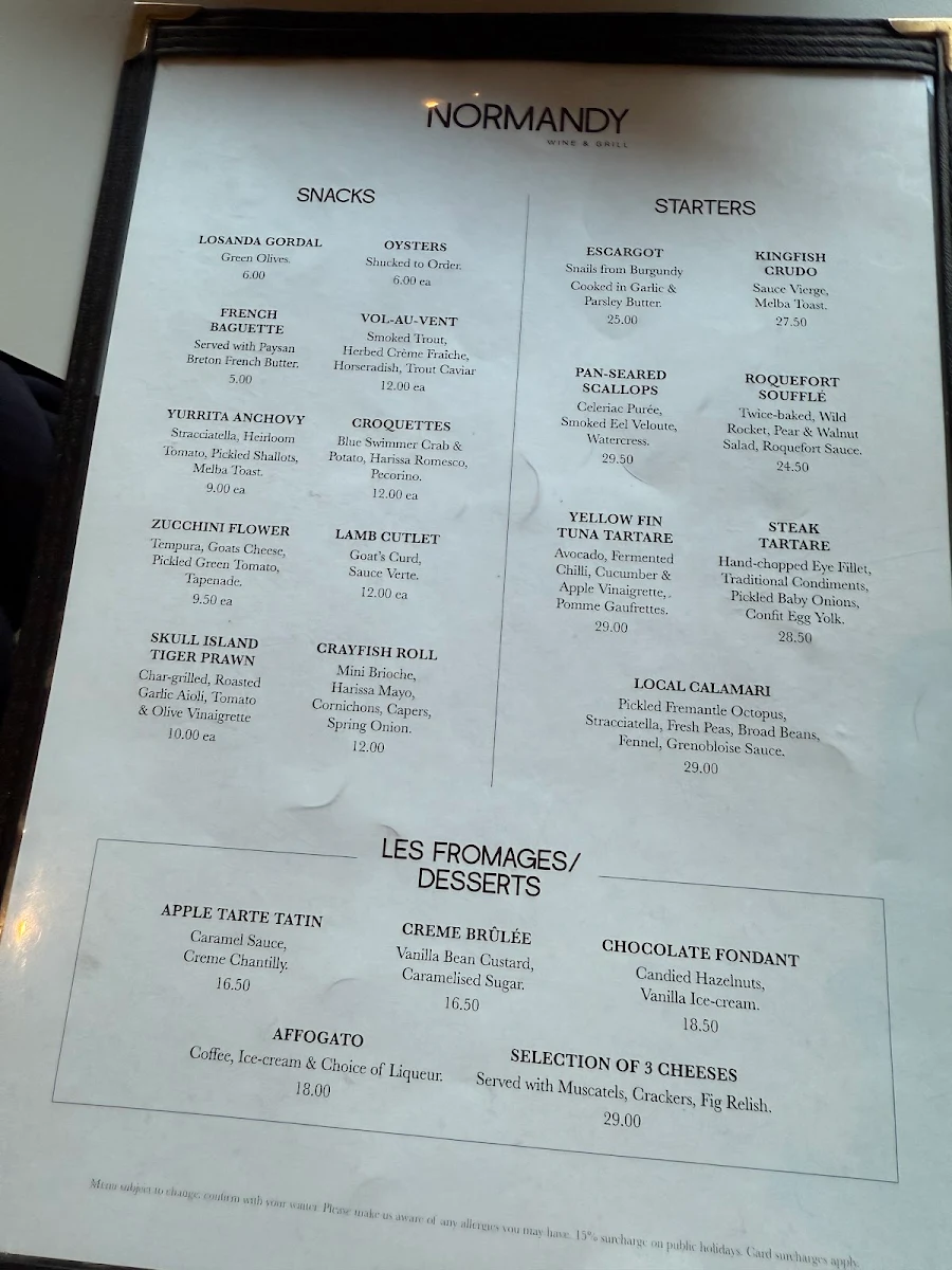 Menu, Normandy Wine & Grill