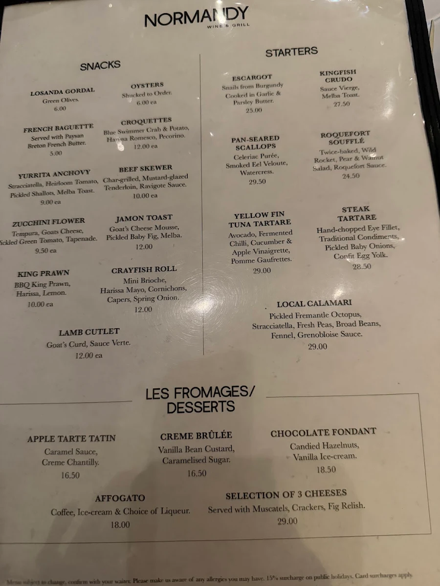Menu, Normandy Wine & Grill