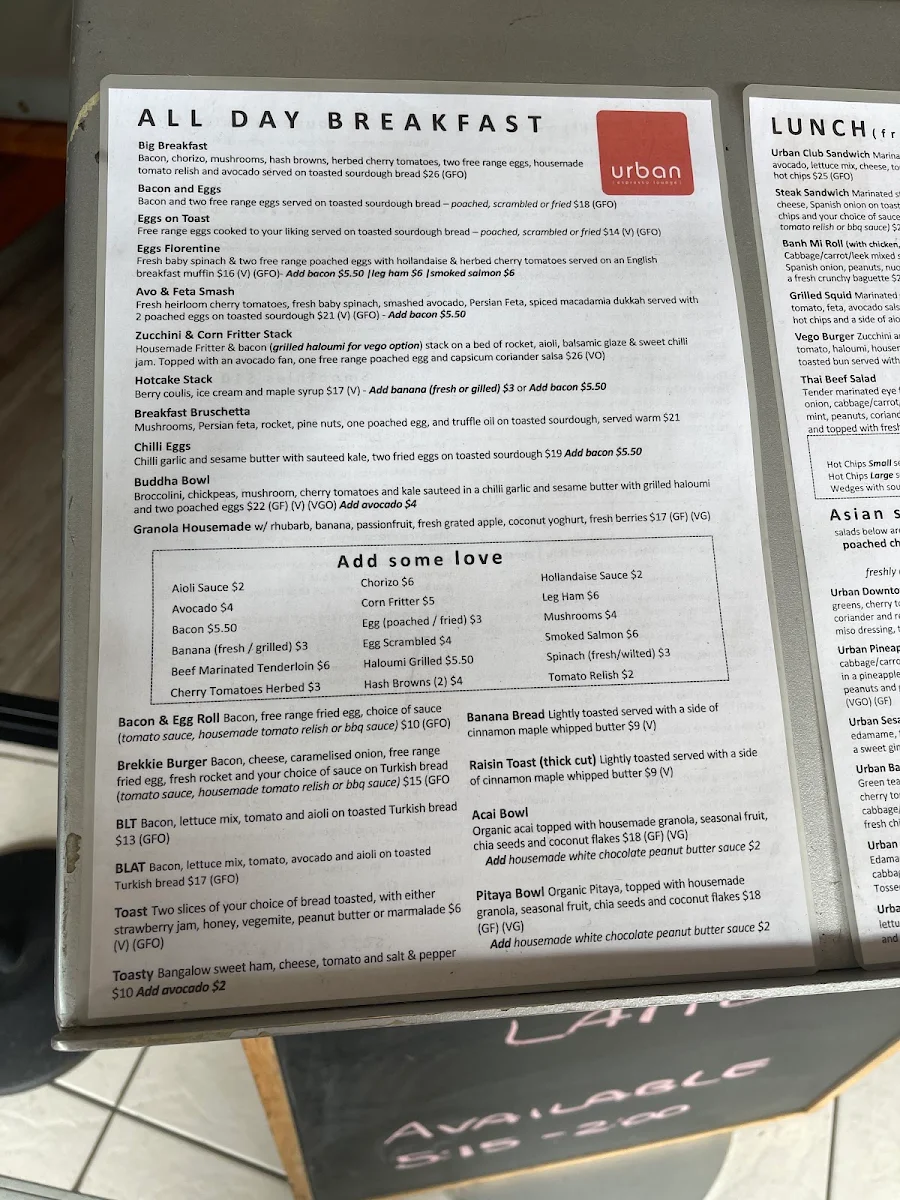 Menu, Urban Espresso Lounge