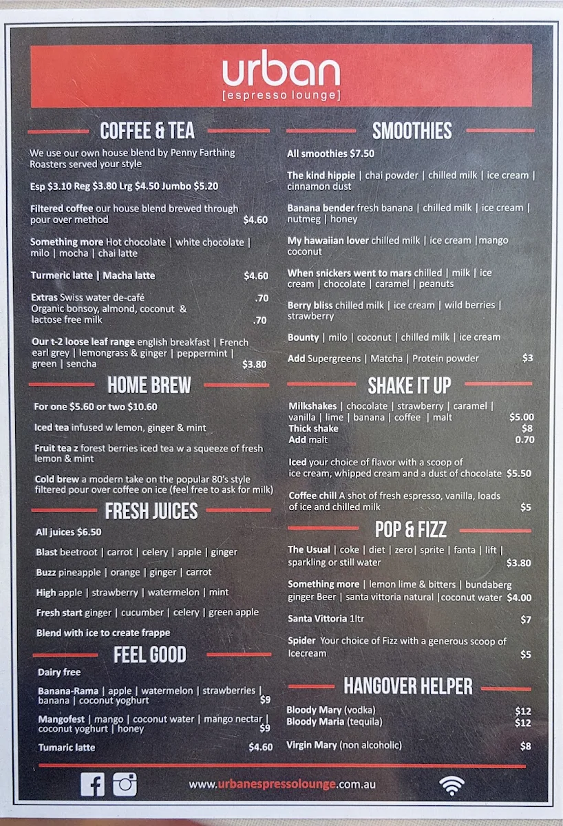Menu, Urban Espresso Lounge