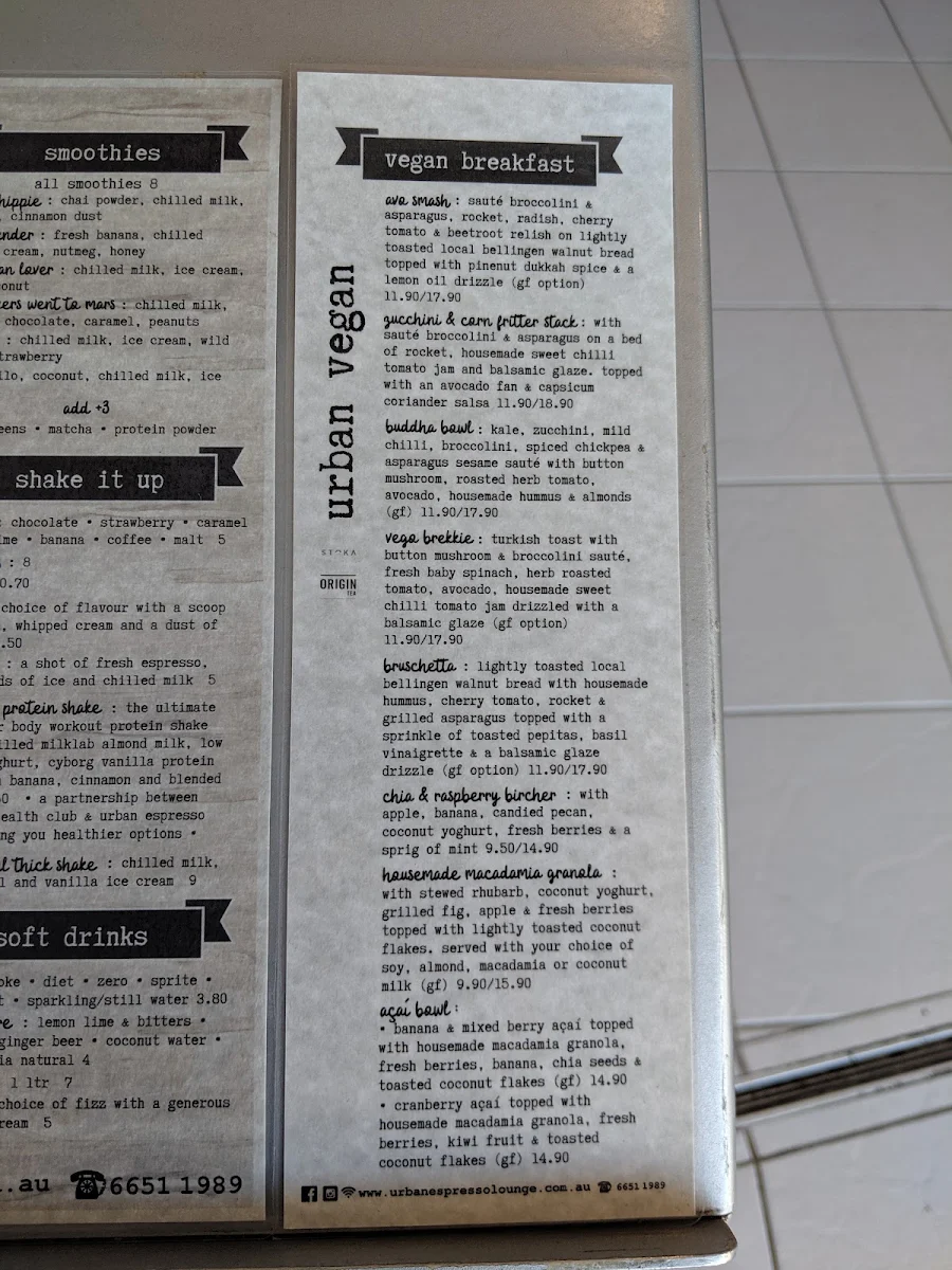 Menu, Urban Espresso Lounge