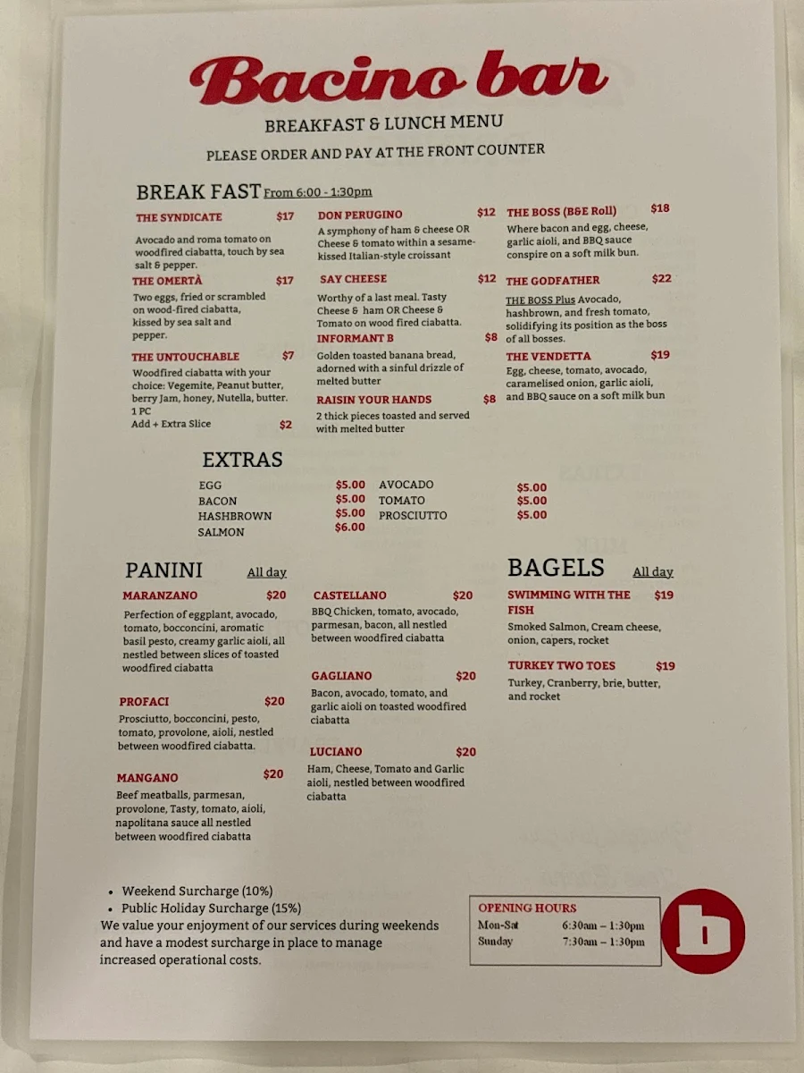 Menu, Bacino Espresso Surry hills