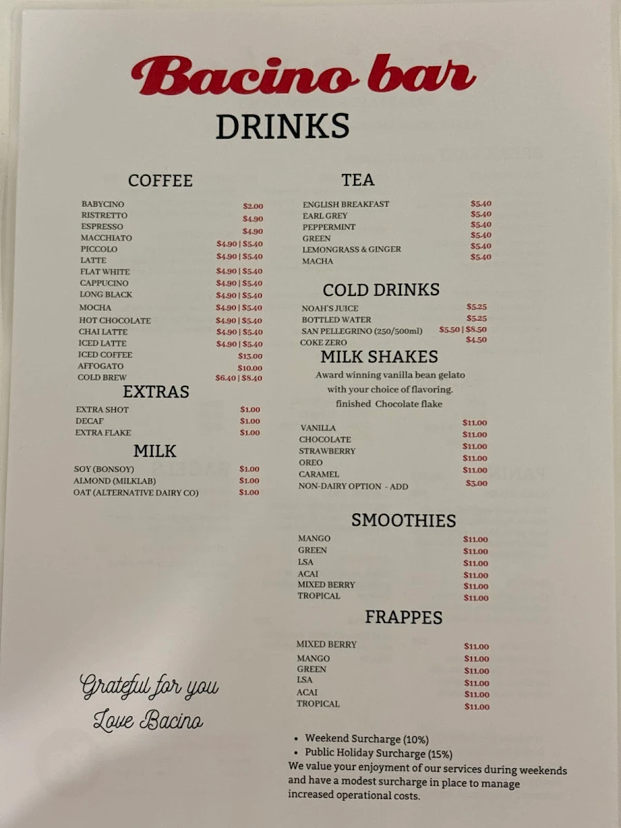 Menu, Bacino Espresso Surry hills