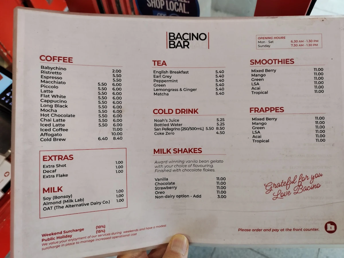 Menu, Bacino Espresso Surry hills