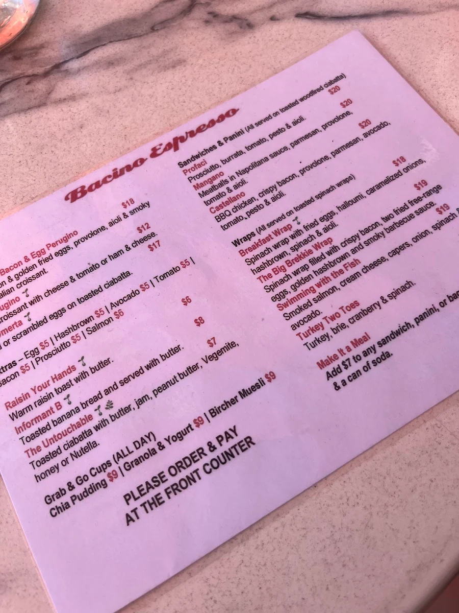 Menu, Bacino Espresso Surry hills