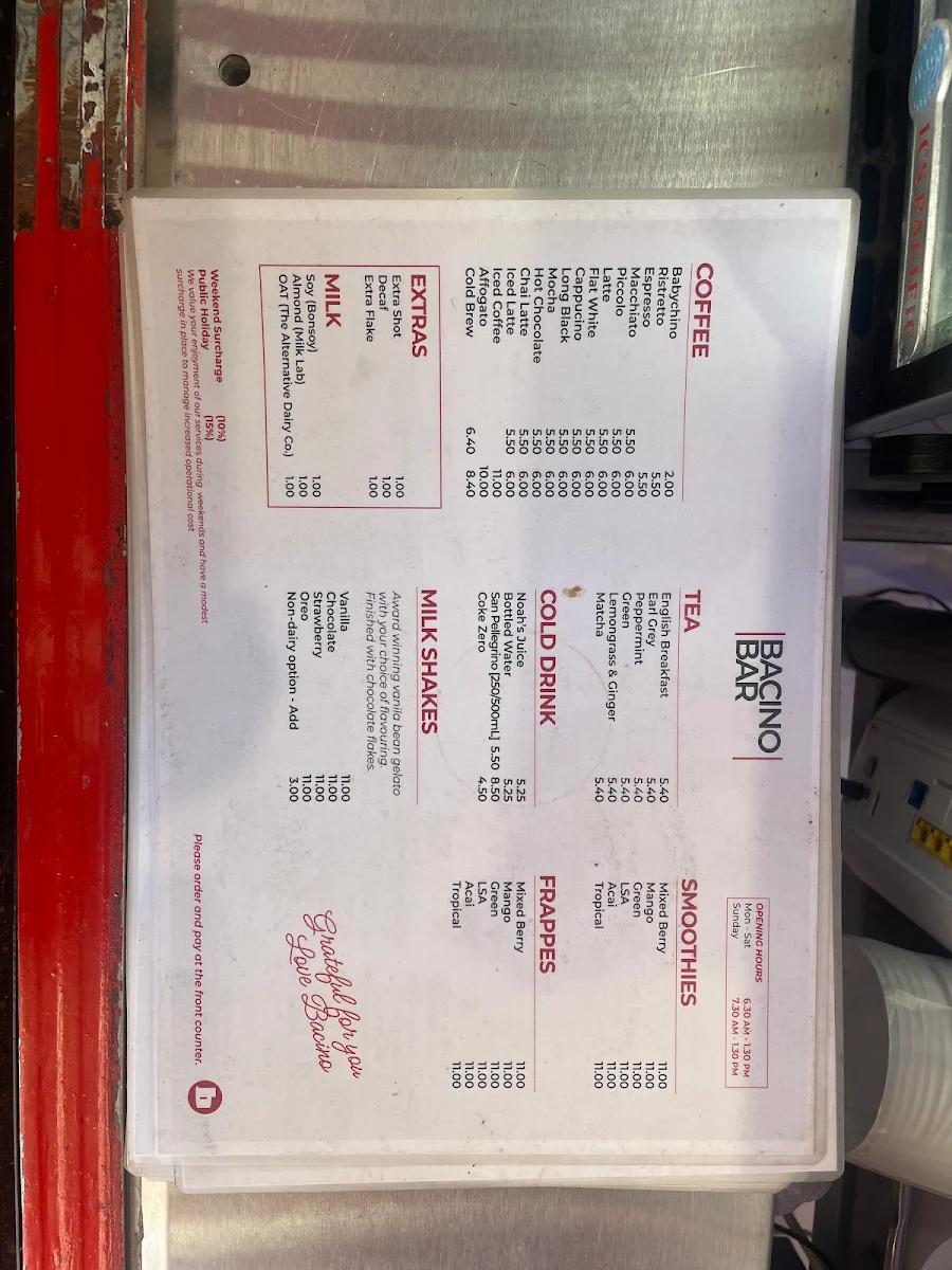 Menu, Bacino Espresso Surry hills