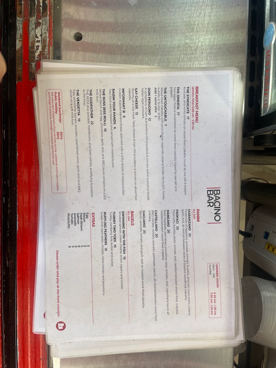 Menu, Bacino Espresso Surry hills