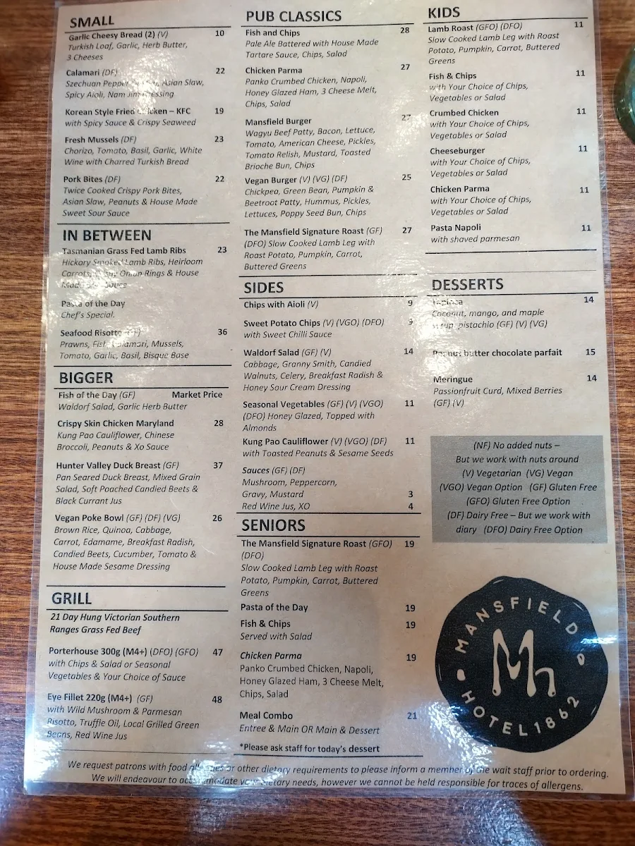 Menu, Mansfield Hotel