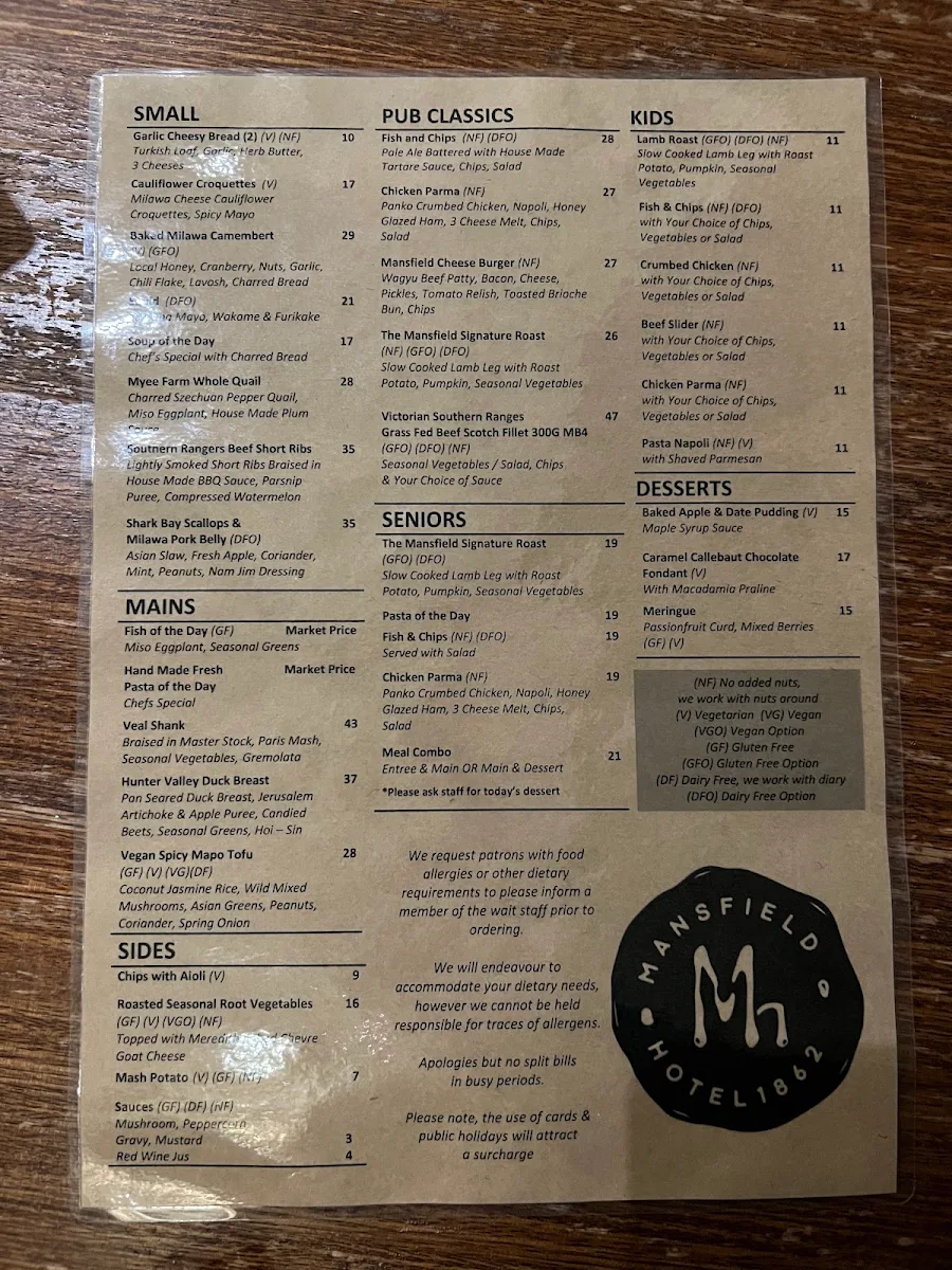 Menu, Mansfield Hotel