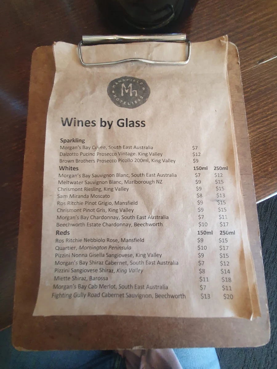Menu, Mansfield Hotel