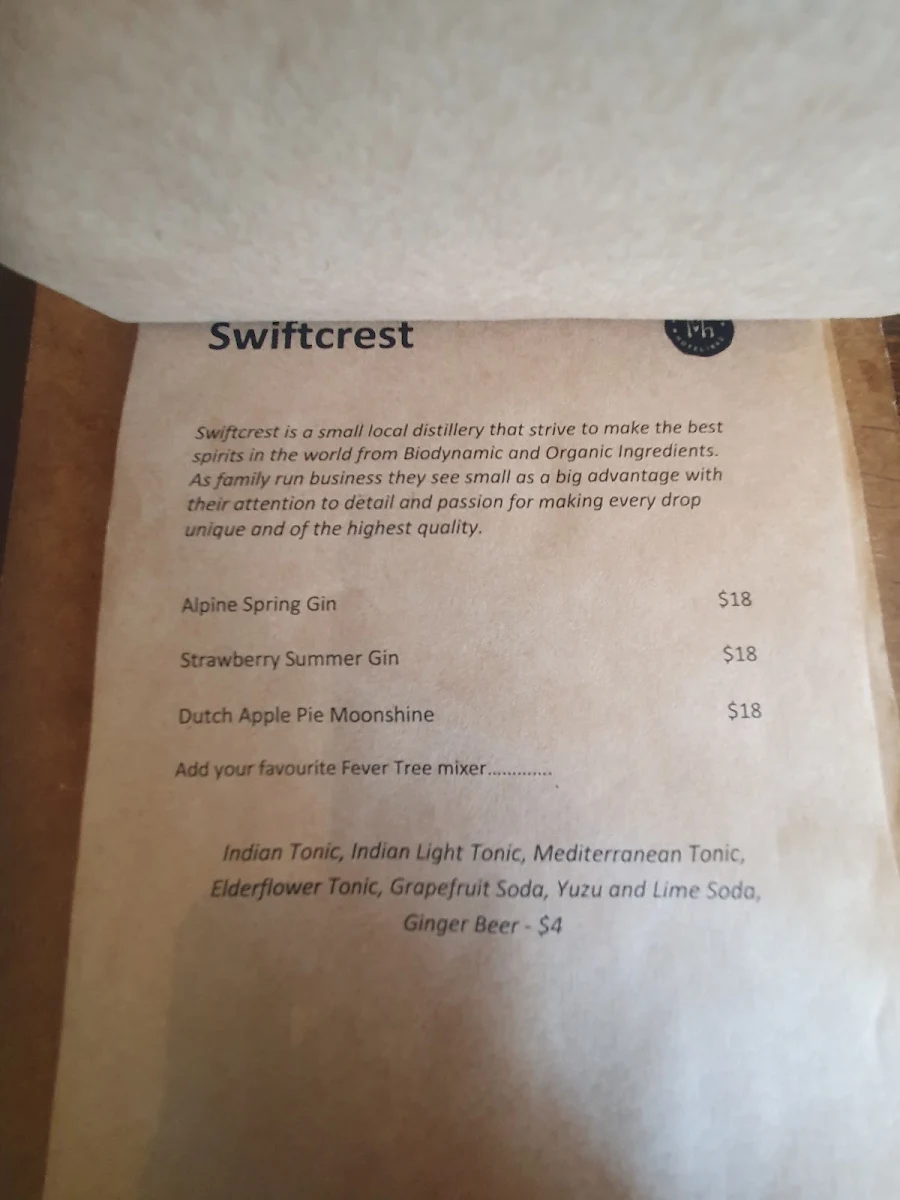 Menu, Mansfield Hotel