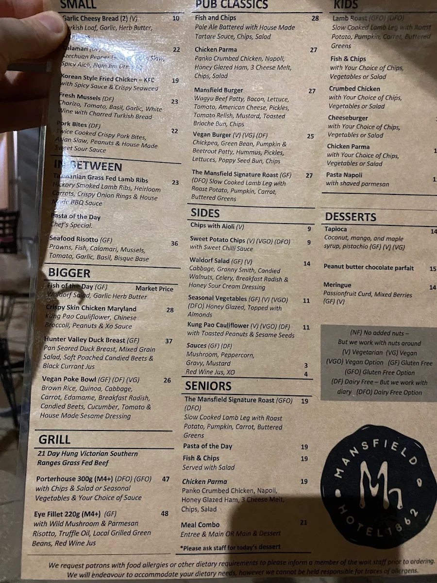 Menu, Mansfield Hotel