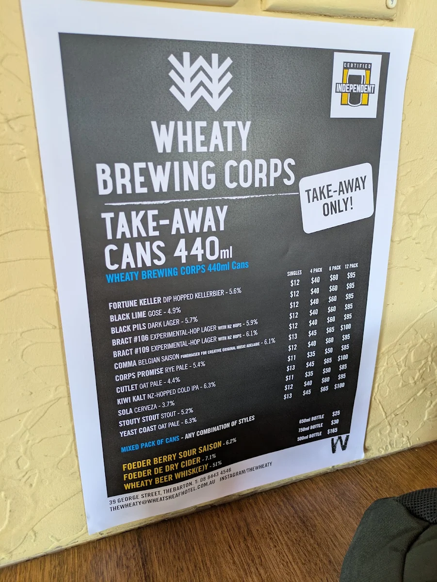 Menu, Wheatsheaf Hotel