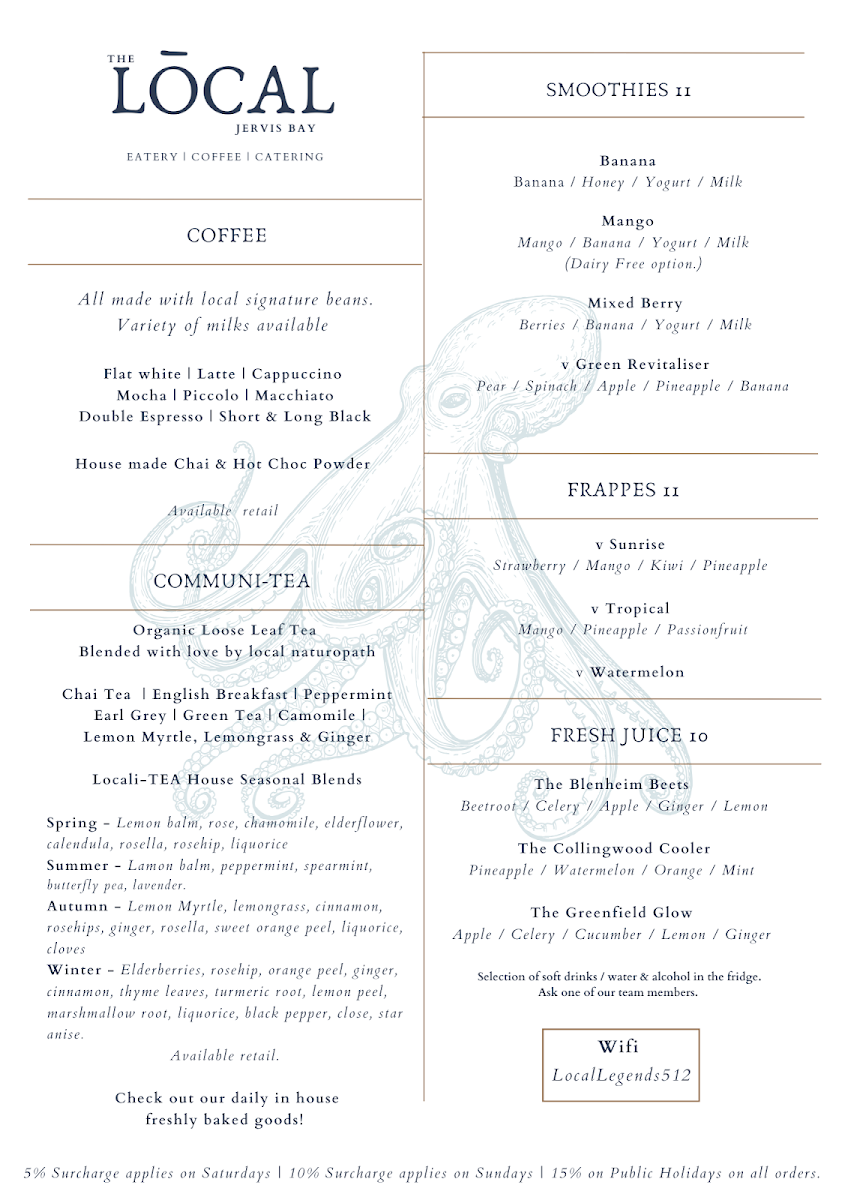 Menu, The Local Jervis Bay