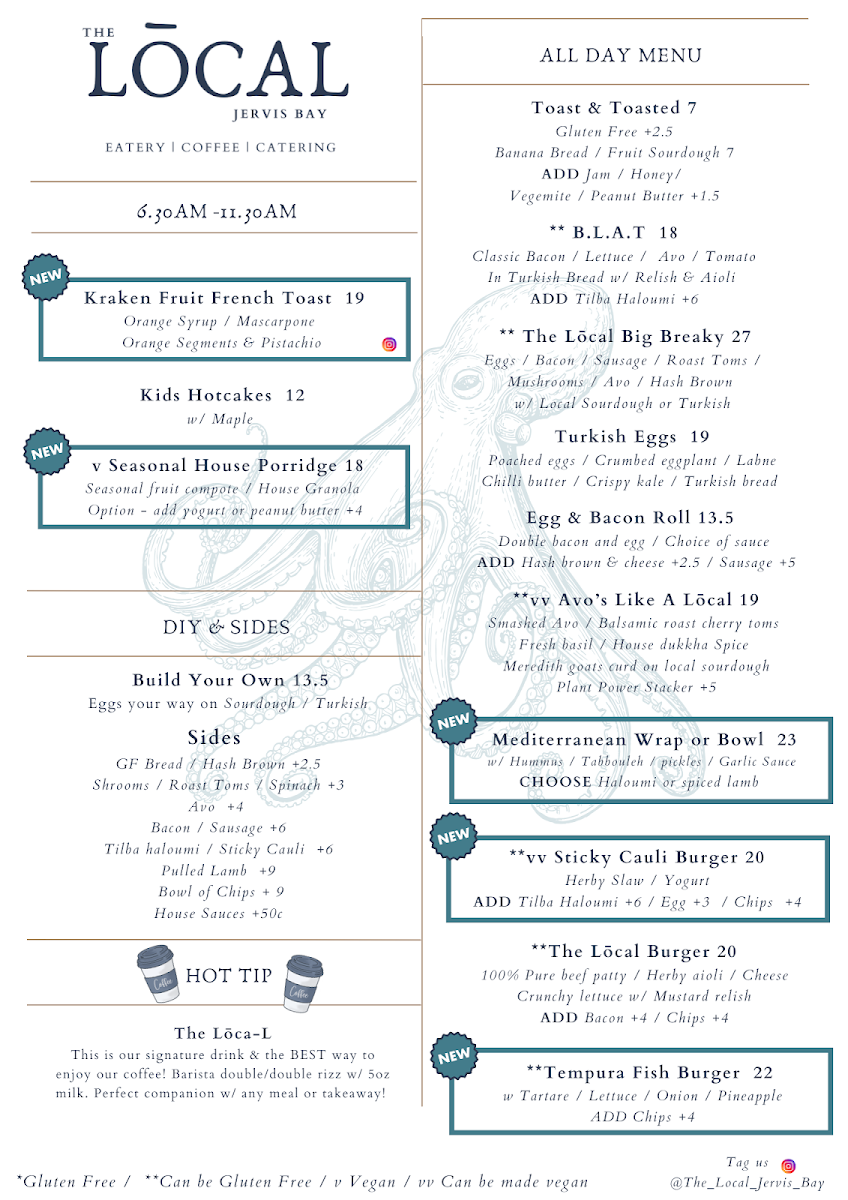 Menu, The Local Jervis Bay