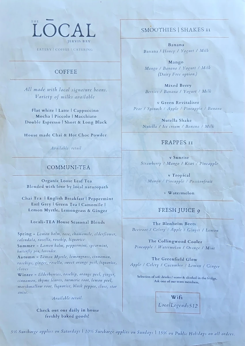 Menu, The Local Jervis Bay