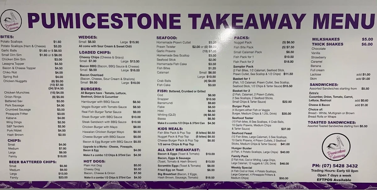 Menu, Pumicestone Takeaway
