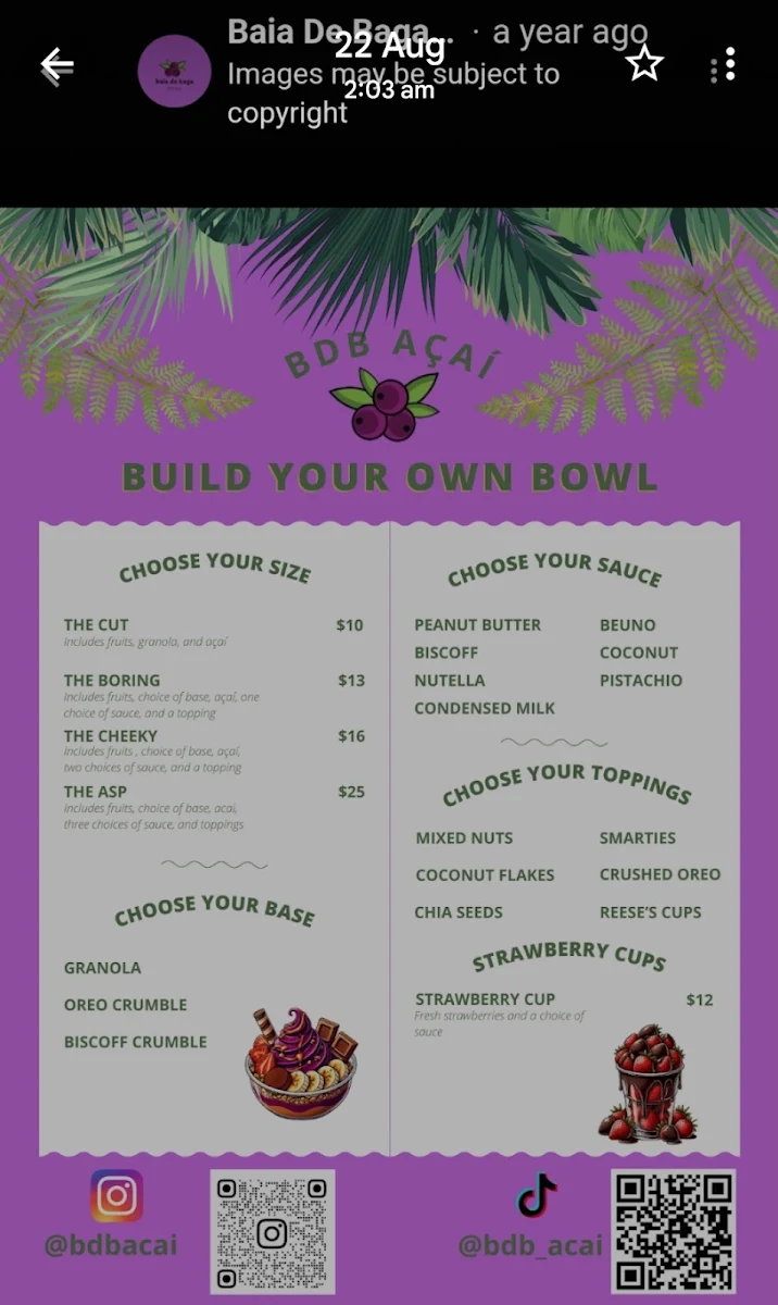Menu, BDB Açaí & Desserts