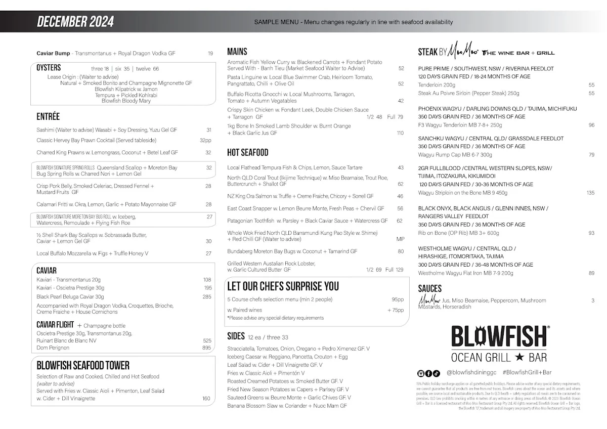 Menu, Blowfish Seafood ★ Steak ★ Bar