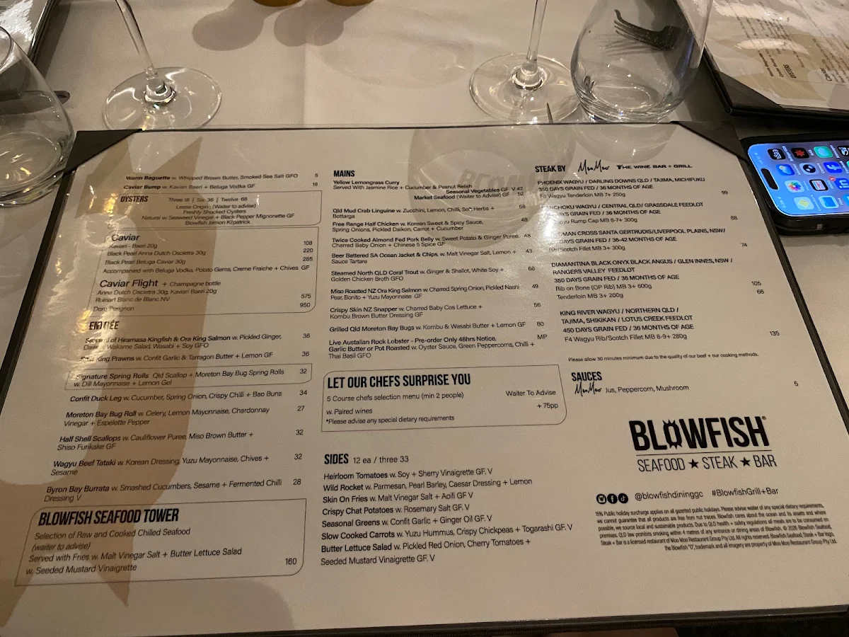 Menu, Blowfish Seafood ★ Steak ★ Bar