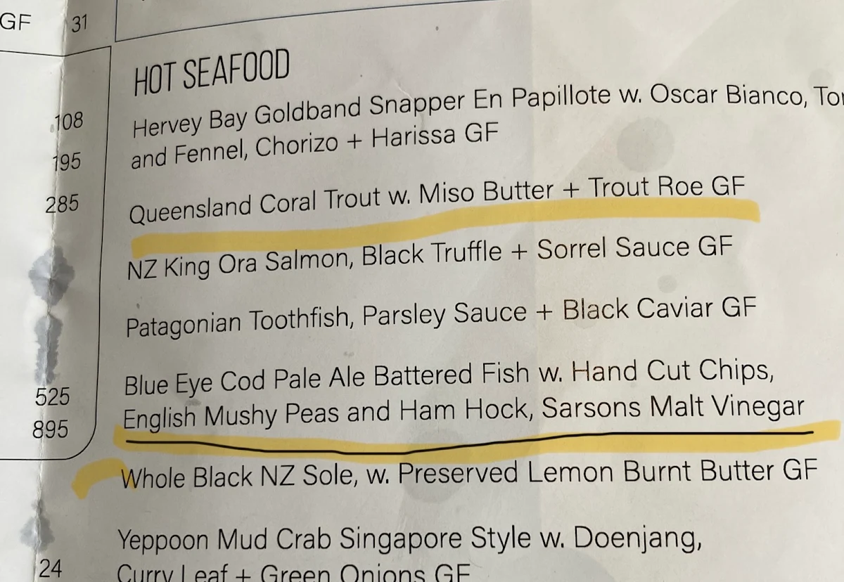 Menu, Blowfish Seafood ★ Steak ★ Bar