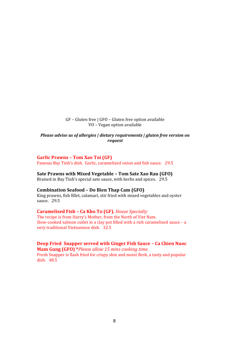 Menu, Bay Tinh Vietnamese Restaurant