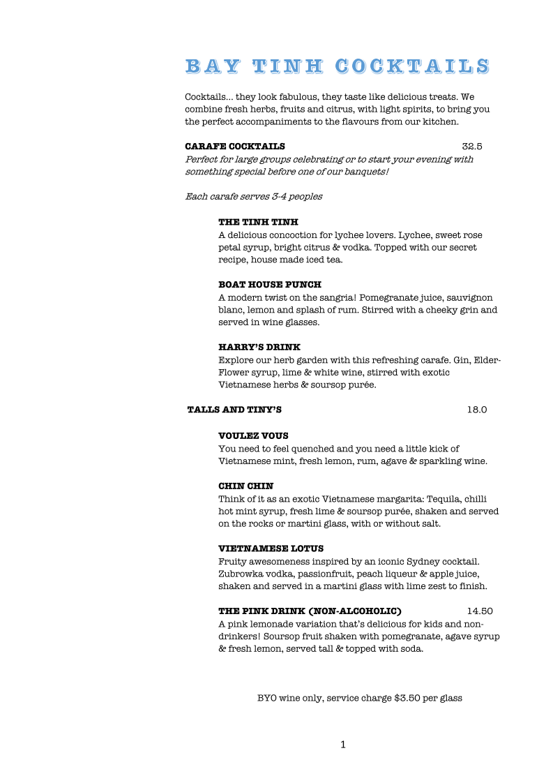 Menu, Bay Tinh Vietnamese Restaurant