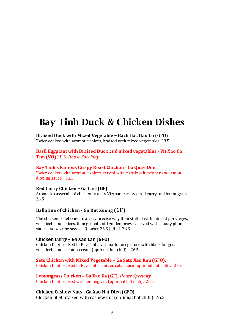 Menu, Bay Tinh Vietnamese Restaurant