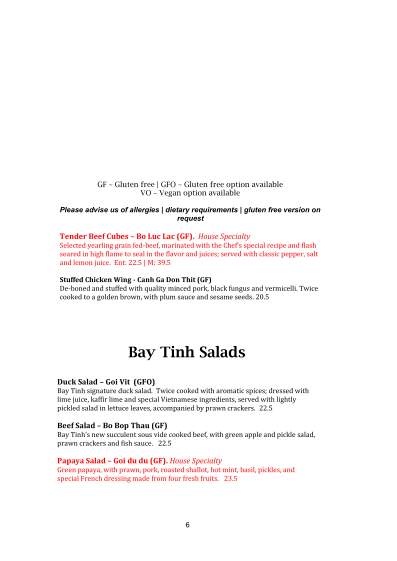 Menu, Bay Tinh Vietnamese Restaurant
