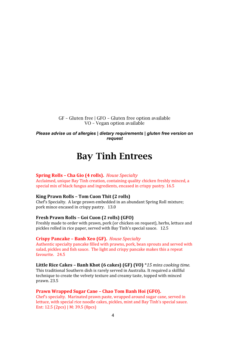 Menu, Bay Tinh Vietnamese Restaurant
