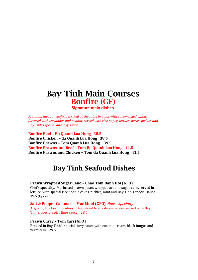 Menu, Bay Tinh Vietnamese Restaurant