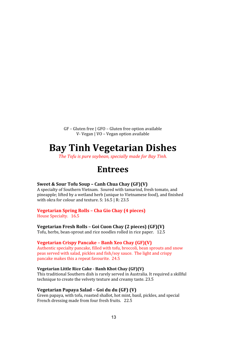Menu, Bay Tinh Vietnamese Restaurant