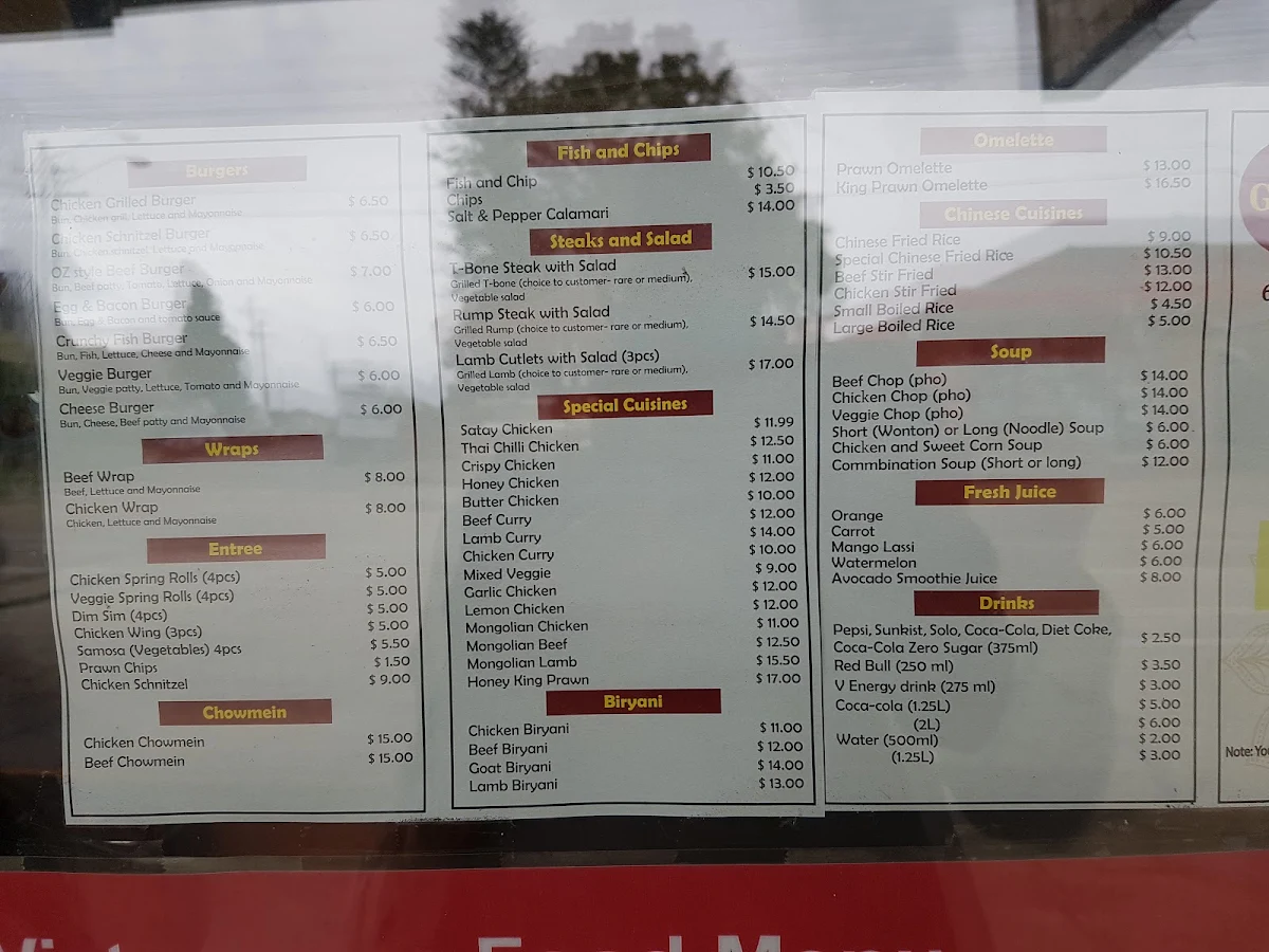 Menu, Great Wall Takeaway