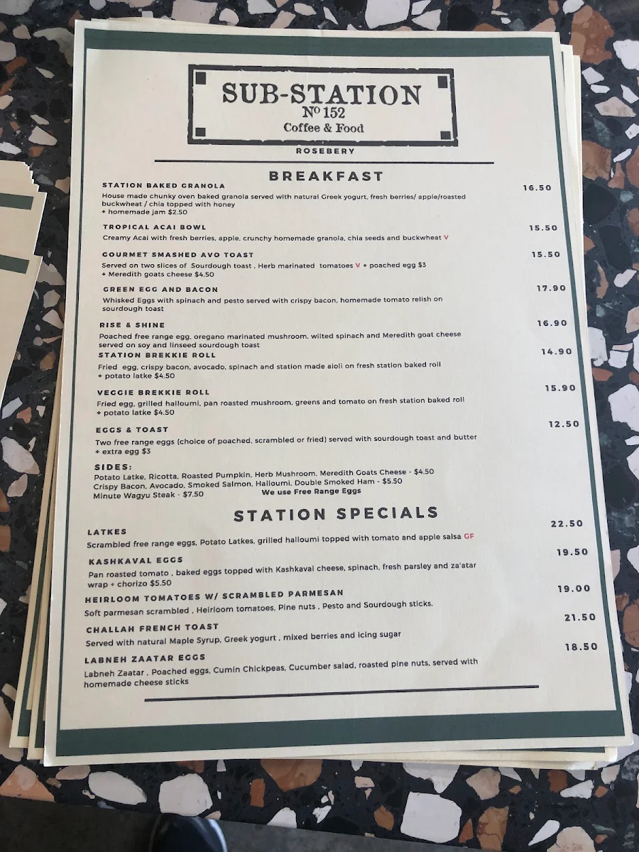 Menu, Sub-Station Cafe Rosebery