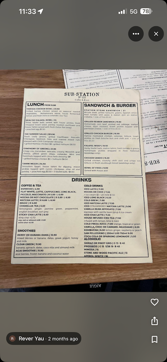 Menu, Sub-Station Cafe Rosebery