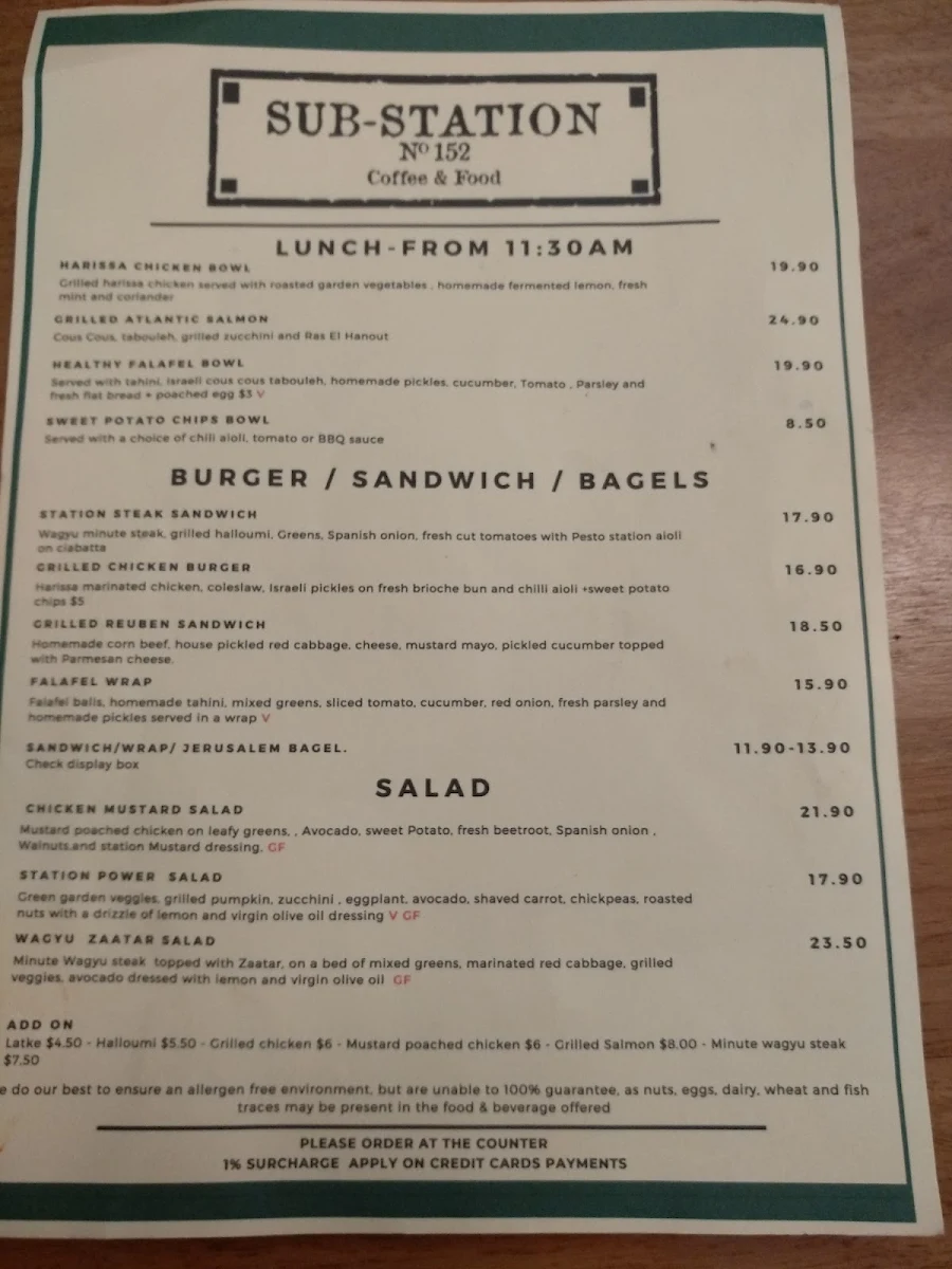 Menu, Sub-Station Cafe Rosebery