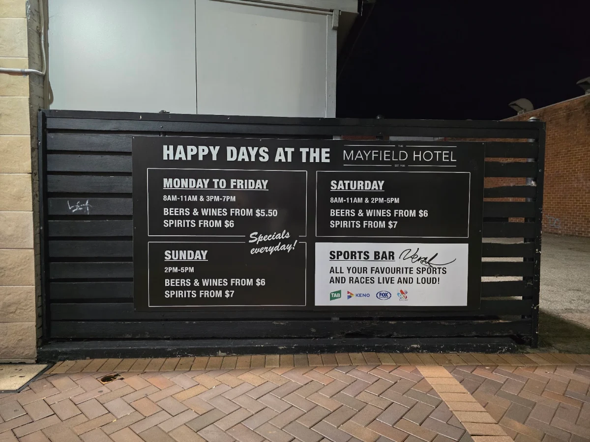 Menu, Mayfield Hotel