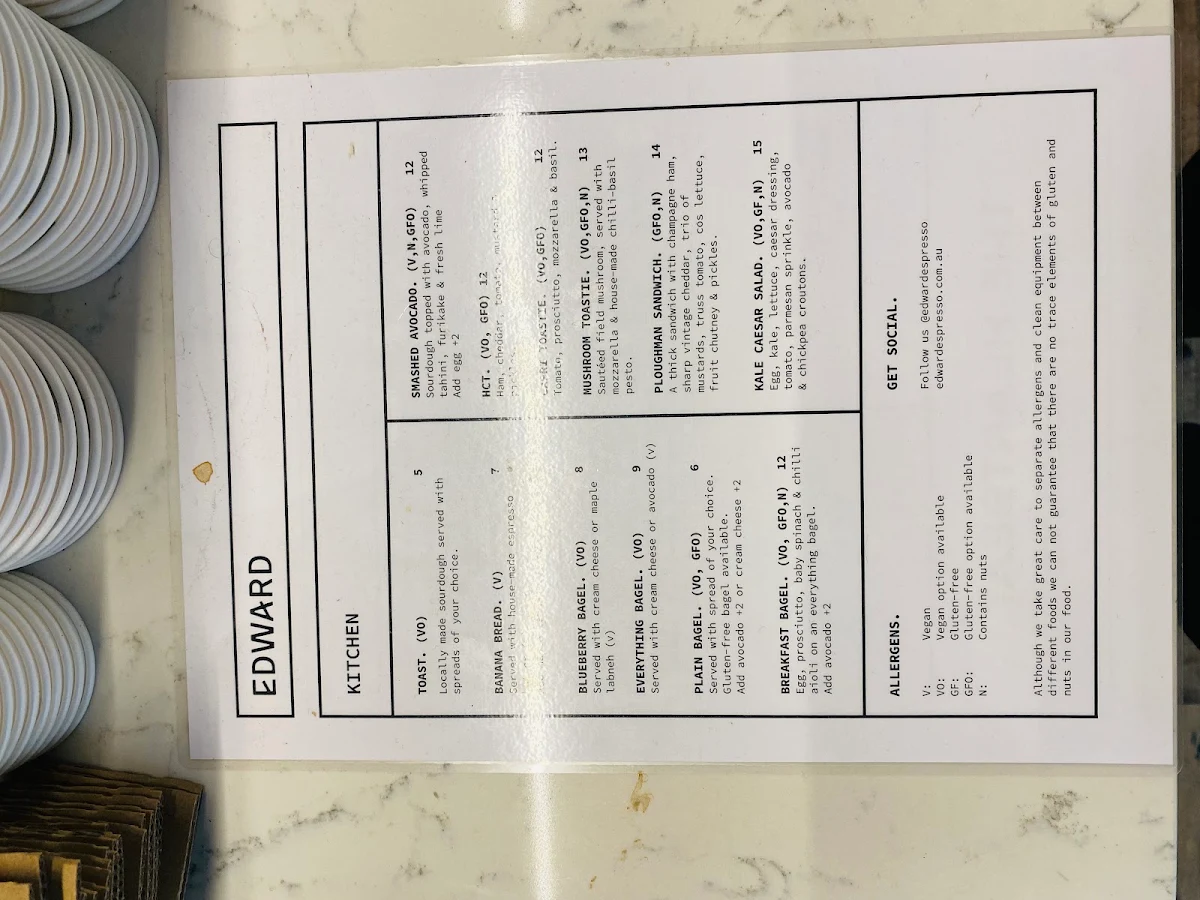 Menu, Edward Espresso & Kitchen