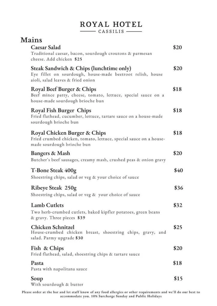 Menu, The Royal Hotel Cassilis