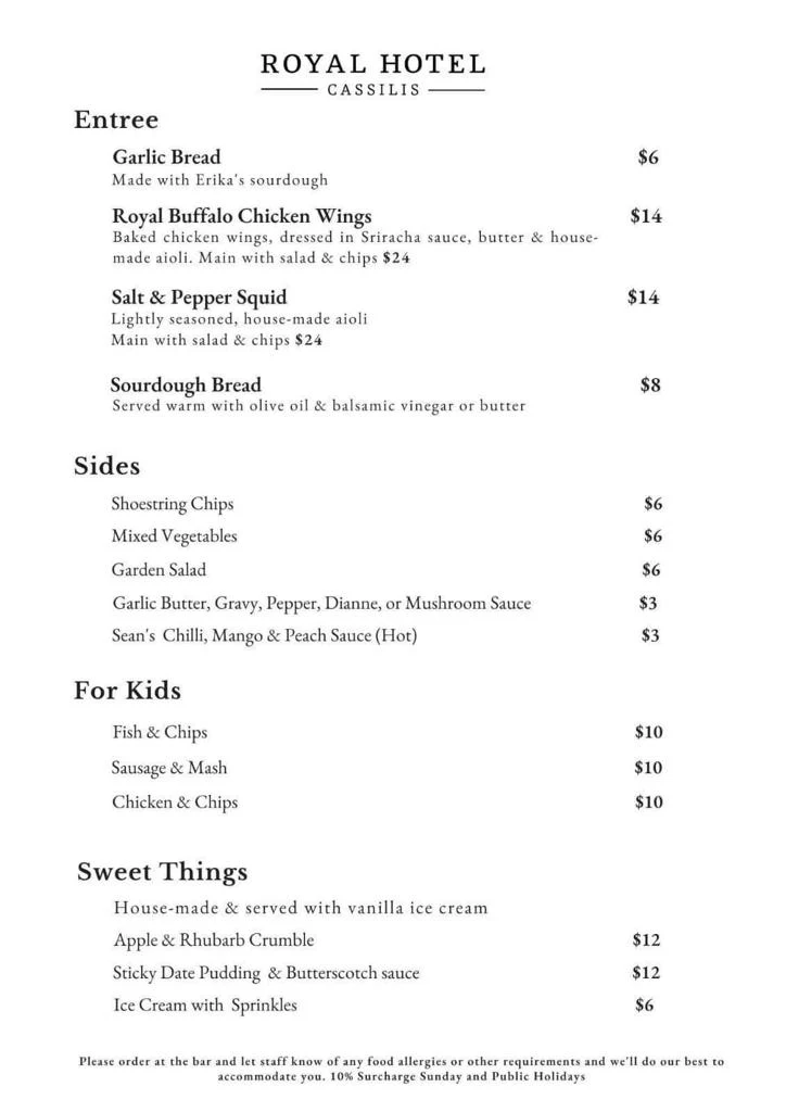 Menu, The Royal Hotel Cassilis