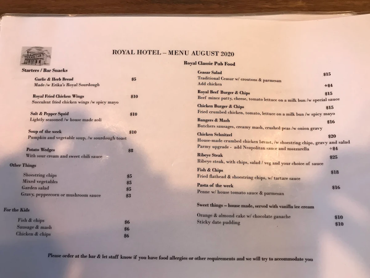 Menu, The Royal Hotel Cassilis