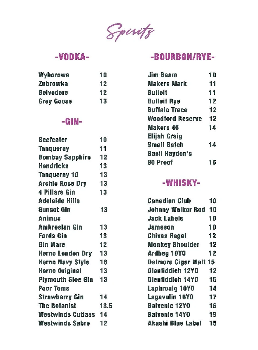 Menu, Stanley's on Stanley