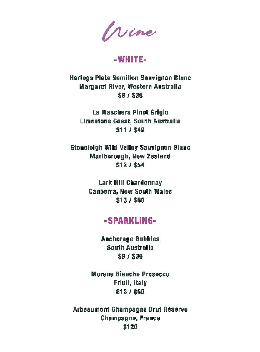 Menu, Stanley's on Stanley