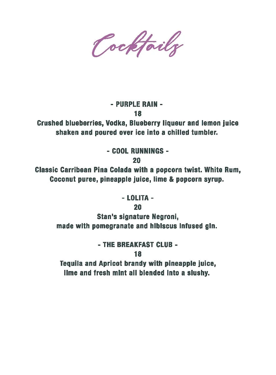 Menu, Stanley's on Stanley