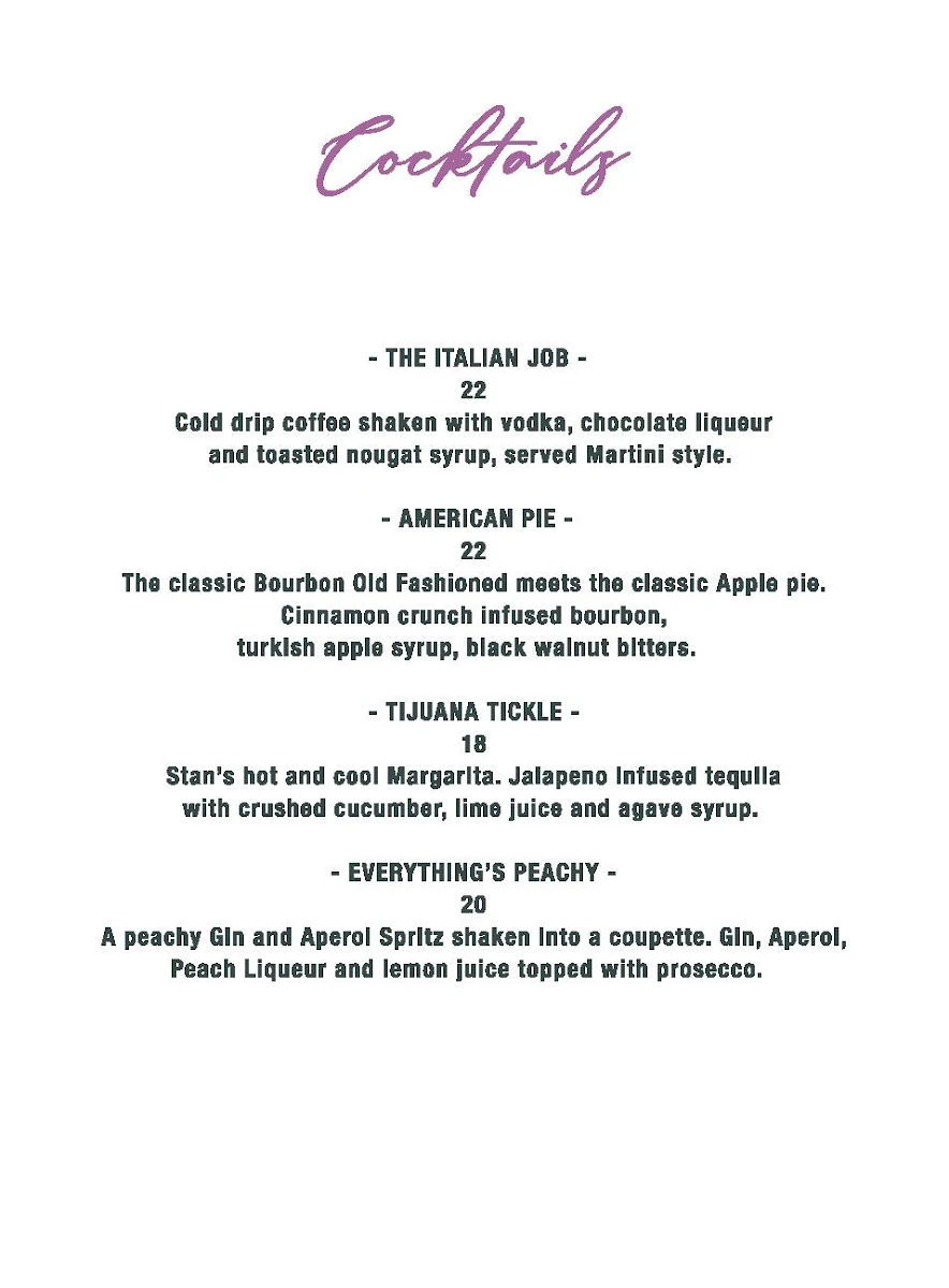 Menu, Stanley's on Stanley