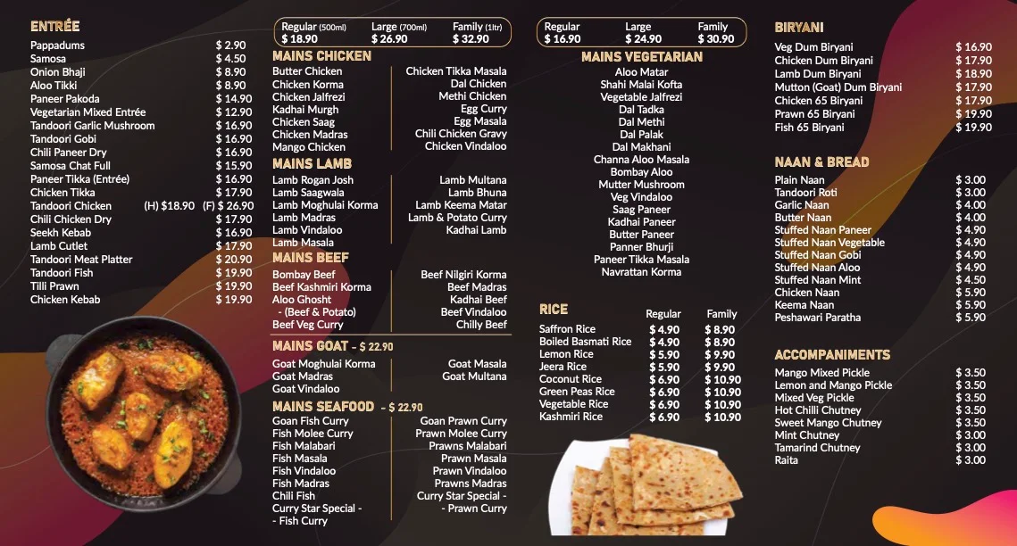 Menu, Curry Star Indian Restaurant