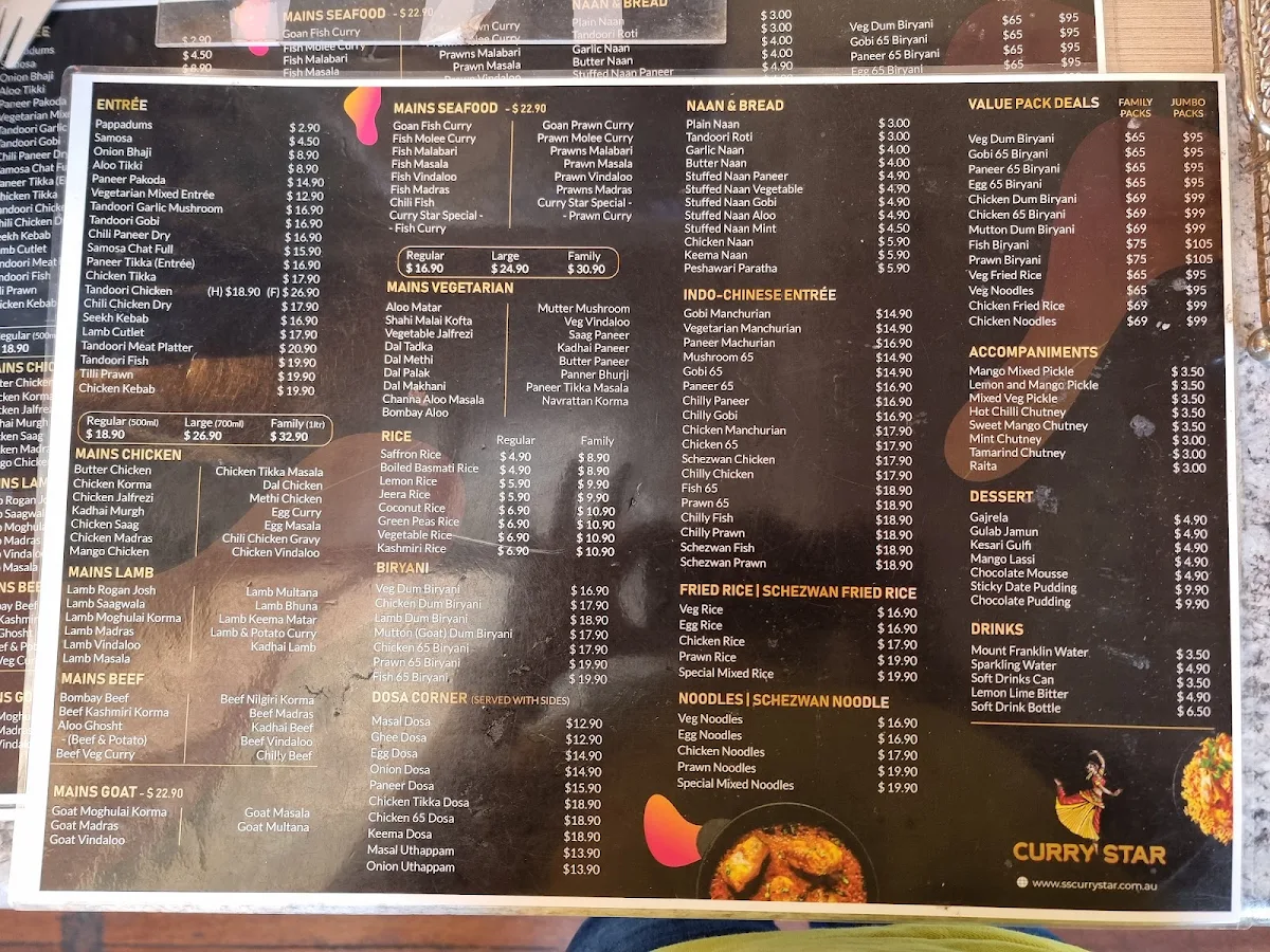 Menu, Curry Star Indian Restaurant